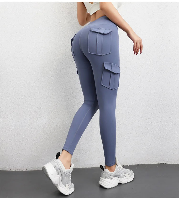 Multi-pocket High Waist Solid Color Yoga Pants Sporting Workout Leggins Pants Yoga Leggings For Women Elastic Slim leggings