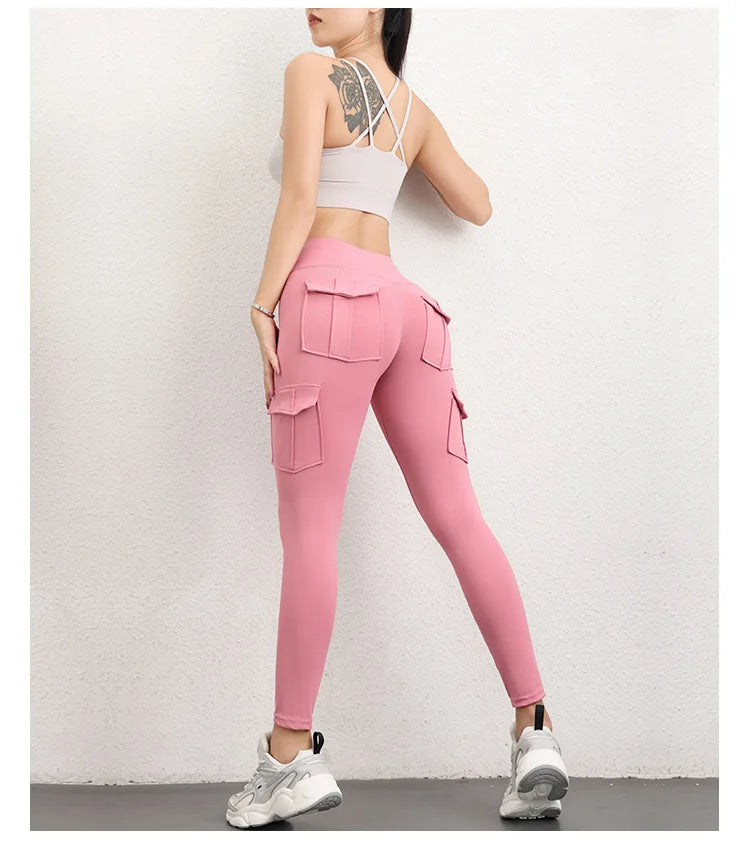 Multi-pocket High Waist Solid Color Yoga Pants Sporting Workout Leggins Pants Yoga Leggings For Women Elastic Slim leggings