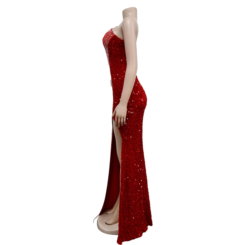 HBLL Women's Sexy One Shoulder Elegant Rhinestone Birthday Maxi Split Dress Sparkly Hot Drilling Bodycon Party Night Clubwear