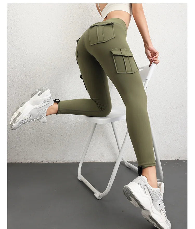 Multi-pocket High Waist Solid Color Yoga Pants Sporting Workout Leggins Pants Yoga Leggings For Women Elastic Slim leggings