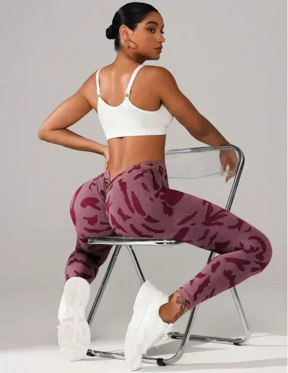 Women V-waist Printed Seamless Yoga Leggings for Sports Fitness, High Waisted Leopard Print Pants Sexy Slim Fit Yoga Leggings