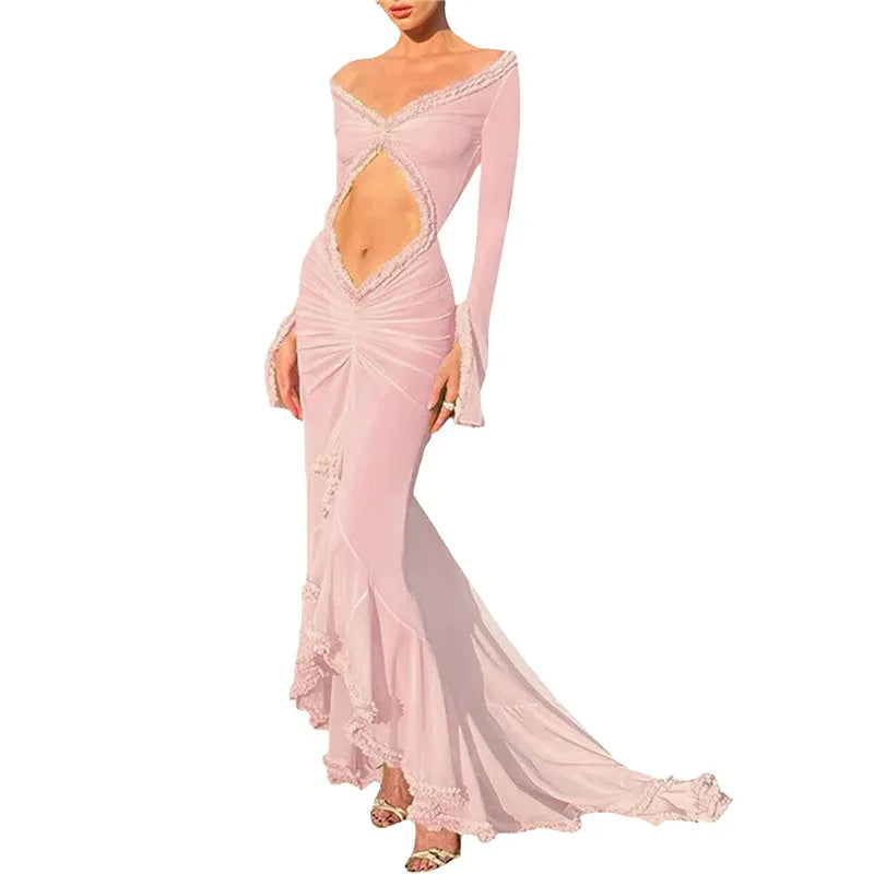 hirigin Women Sexy Lace See Through Maxi Dress Y2k Floral Sheer Strap Backless Bodycon Fitted Long Dress Party Club Dress