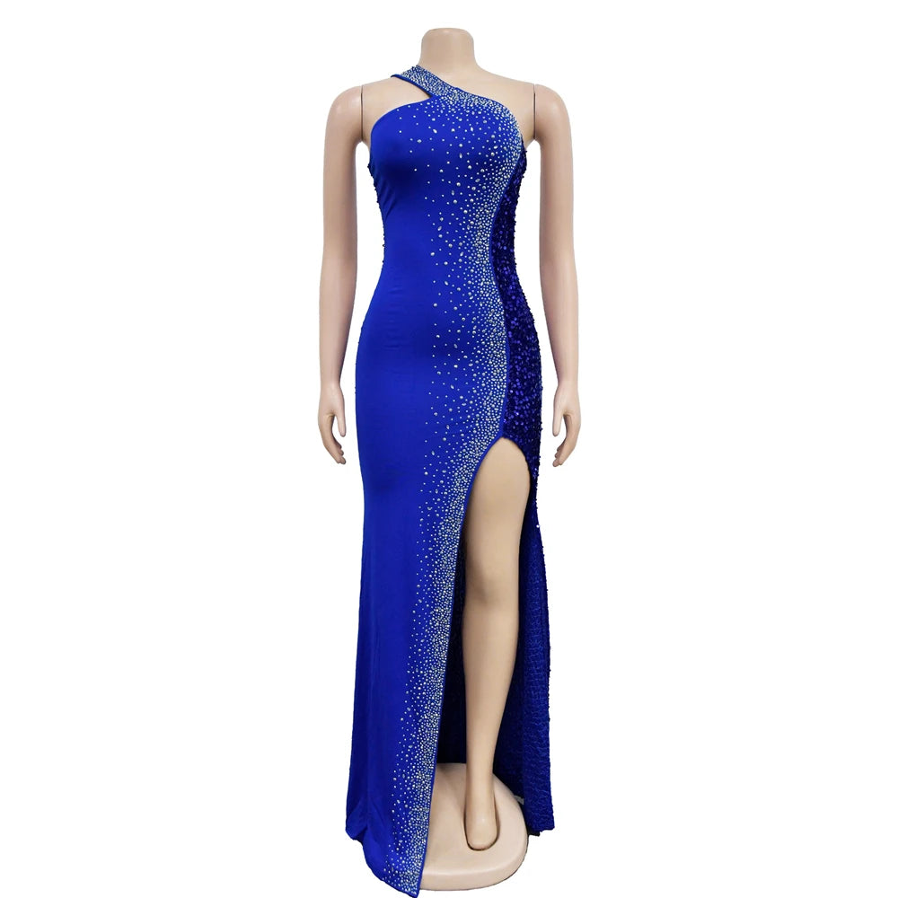 HBLL Women's Sexy One Shoulder Elegant Rhinestone Birthday Maxi Split Dress Sparkly Hot Drilling Bodycon Party Night Clubwear