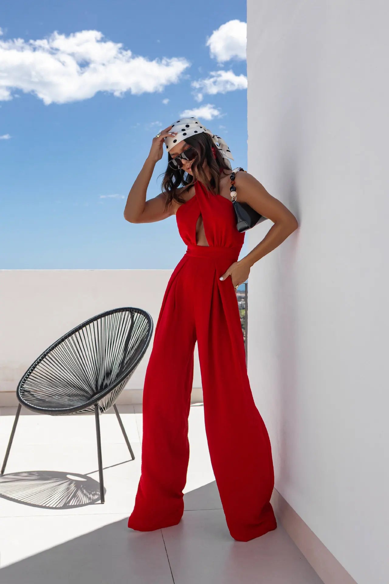Sexy Solid Sleeveless Jumpsuit Spring Summer Fashion Commuter Women's Elegant Lapel Halter Neck Folds Wide Leg Trousers Jumpsuit