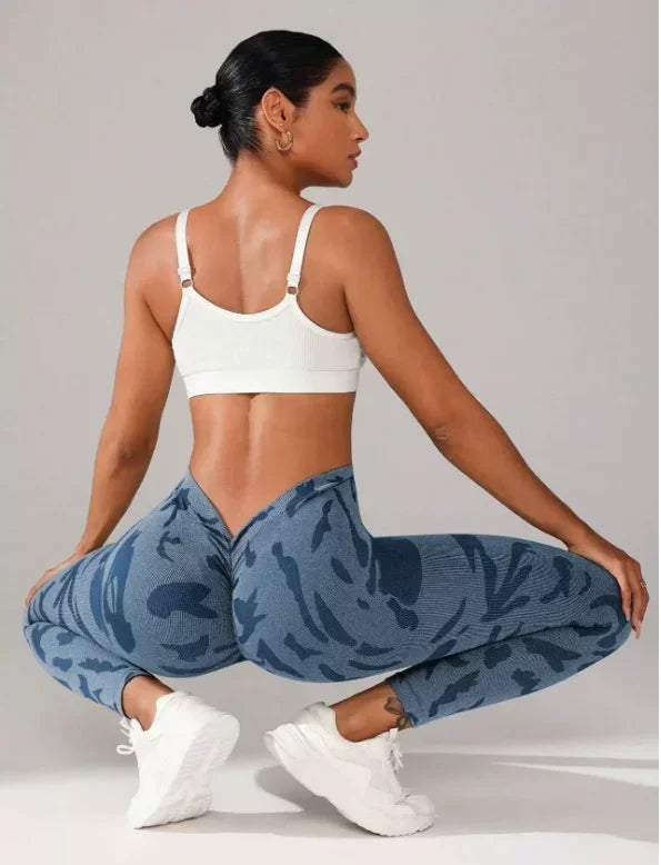 Women V-waist Printed Seamless Yoga Leggings for Sports Fitness, High Waisted Leopard Print Pants Sexy Slim Fit Yoga Leggings