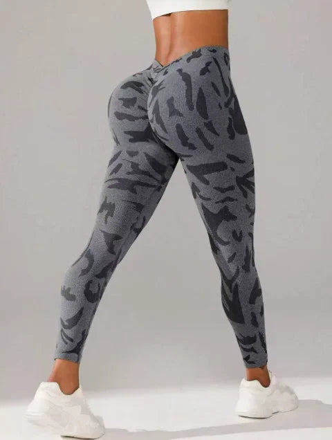 Women V-waist Printed Seamless Yoga Leggings for Sports Fitness, High Waisted Leopard Print Pants Sexy Slim Fit Yoga Leggings