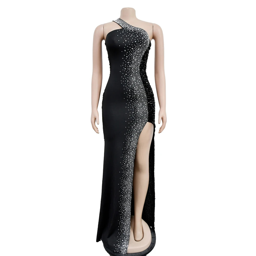HBLL Women's Sexy One Shoulder Elegant Rhinestone Birthday Maxi Split Dress Sparkly Hot Drilling Bodycon Party Night Clubwear