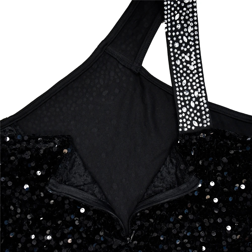 HBLL Women's Sexy One Shoulder Elegant Rhinestone Birthday Maxi Split Dress Sparkly Hot Drilling Bodycon Party Night Clubwear
