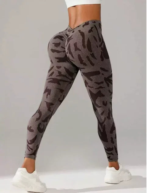 Women V-waist Printed Seamless Yoga Leggings for Sports Fitness, High Waisted Leopard Print Pants Sexy Slim Fit Yoga Leggings