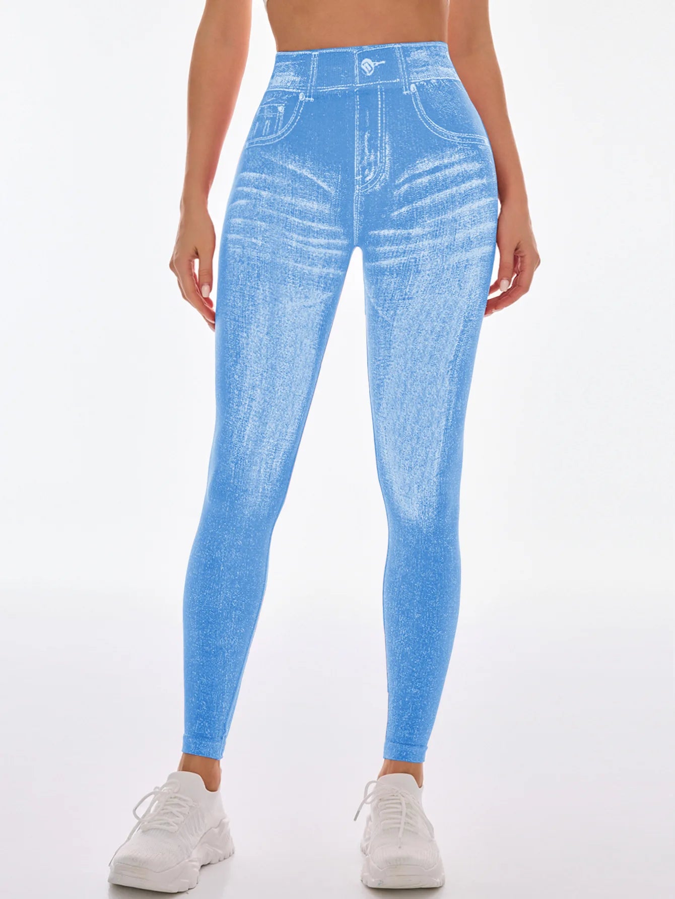 Women V Back Gym Leggings Faux Denim Jeans Athletic Workout Leggins Elastic Seamless Training Yoga Pants Sports Fitness Tights