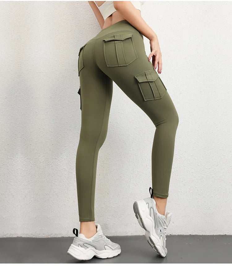 Multi-pocket High Waist Solid Color Yoga Pants Sporting Workout Leggins Pants Yoga Leggings For Women Elastic Slim leggings