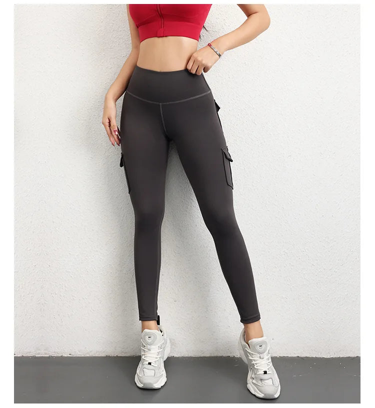 Multi-pocket High Waist Solid Color Yoga Pants Sporting Workout Leggins Pants Yoga Leggings For Women Elastic Slim leggings