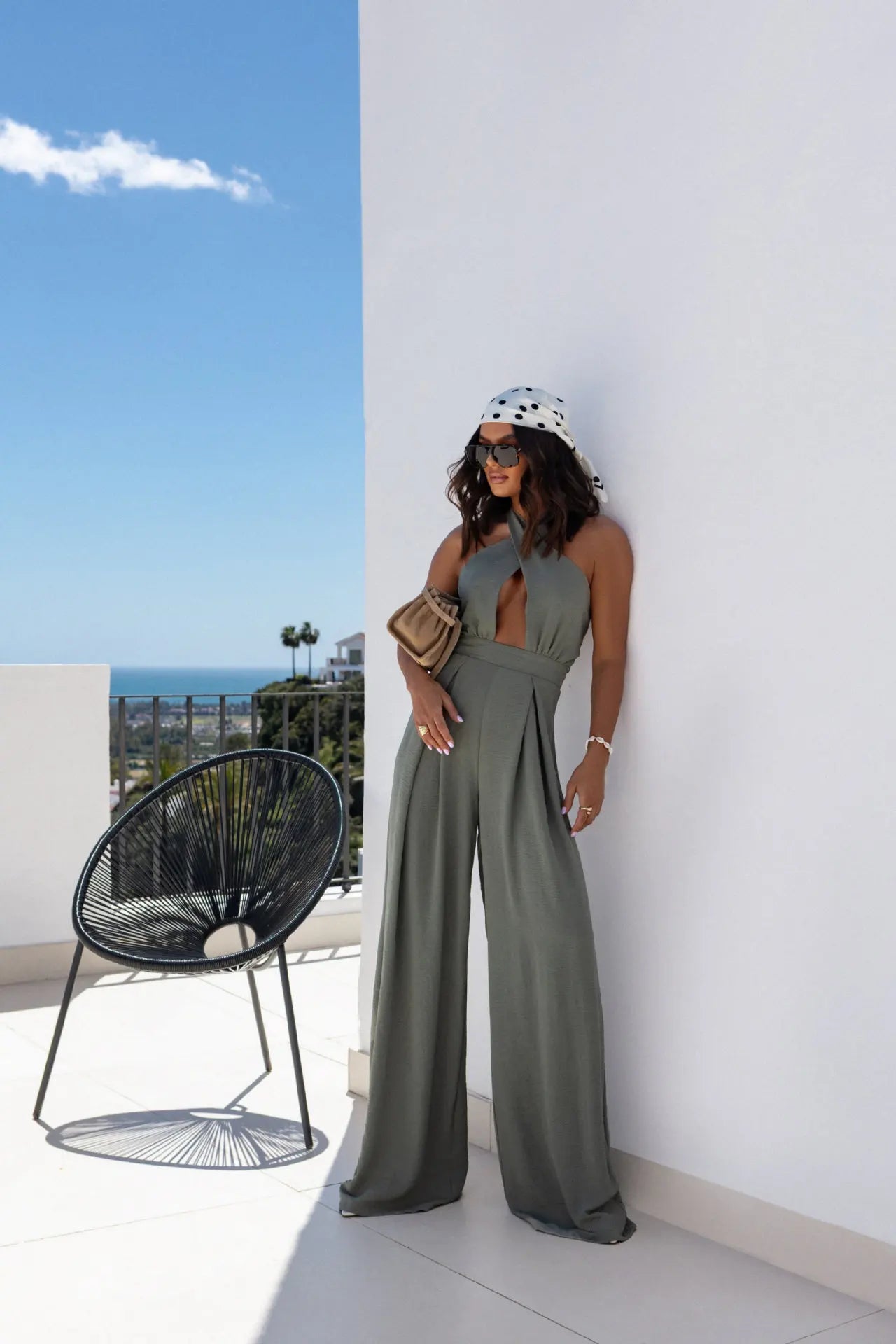 Sexy Solid Sleeveless Jumpsuit Spring Summer Fashion Commuter Women's Elegant Lapel Halter Neck Folds Wide Leg Trousers Jumpsuit