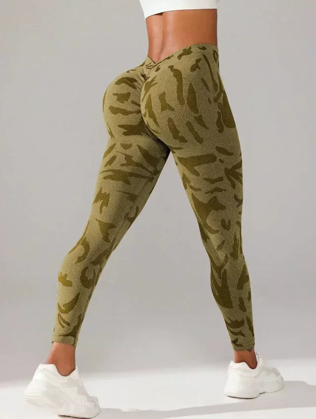 Women V-waist Printed Seamless Yoga Leggings for Sports Fitness, High Waisted Leopard Print Pants Sexy Slim Fit Yoga Leggings