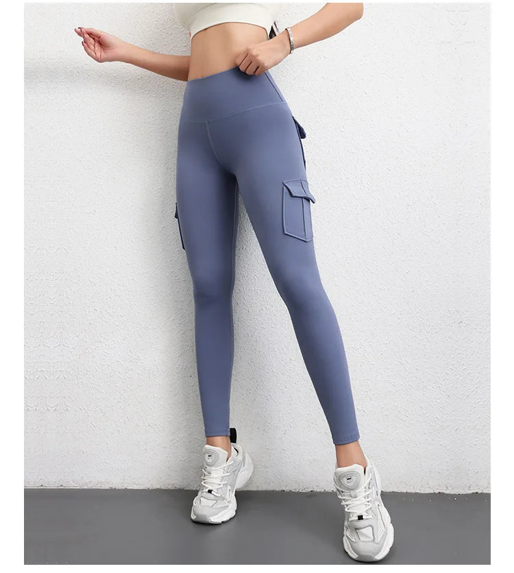 Multi-pocket High Waist Solid Color Yoga Pants Sporting Workout Leggins Pants Yoga Leggings For Women Elastic Slim leggings