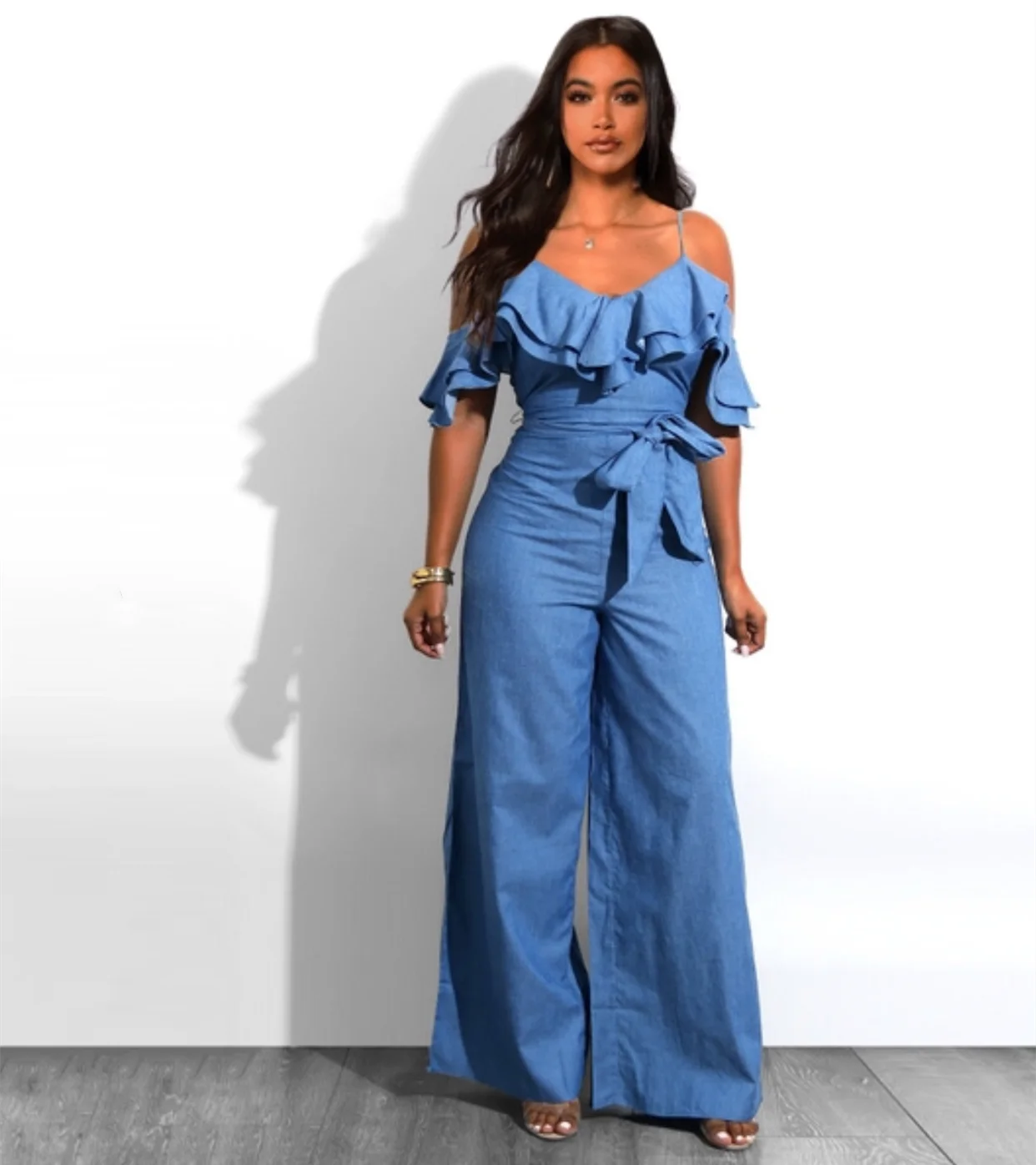 Women's Sexy Denim Jumpsuit, Ruffled Straps Romper with Belt, Loose Fit Long Pants, Summer Fashion Outfit