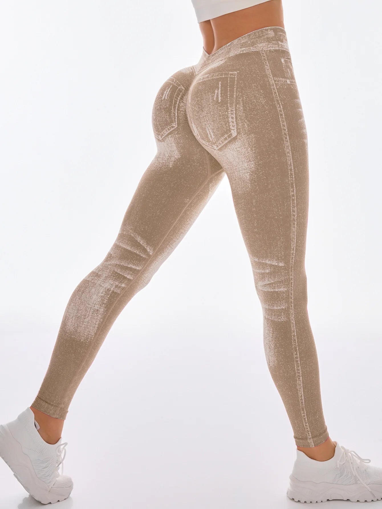 Women V Back Gym Leggings Faux Denim Jeans Athletic Workout Leggins Elastic Seamless Training Yoga Pants Sports Fitness Tights