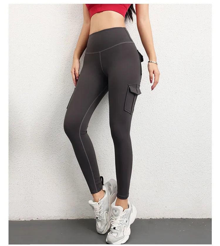 Multi-pocket High Waist Solid Color Yoga Pants Sporting Workout Leggins Pants Yoga Leggings For Women Elastic Slim leggings