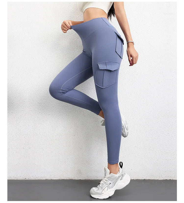 Multi-pocket High Waist Solid Color Yoga Pants Sporting Workout Leggins Pants Yoga Leggings For Women Elastic Slim leggings