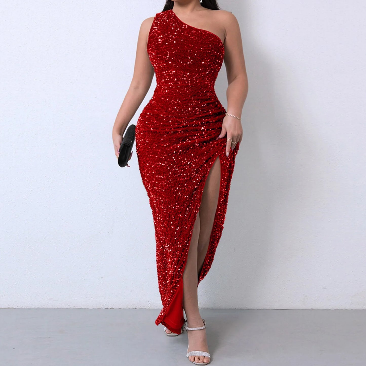 Tops Elegant Outfits Summer Dresses For Women 2023 Sequins One Shoulder Sleeveless Solid Color Dress Formal Occasion Dresses