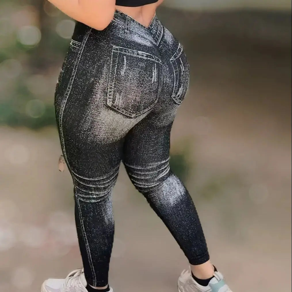 Women V Back Gym Leggings Faux Denim Jeans Athletic Workout Leggins Elastic Seamless Training Yoga Pants Sports Fitness Tights