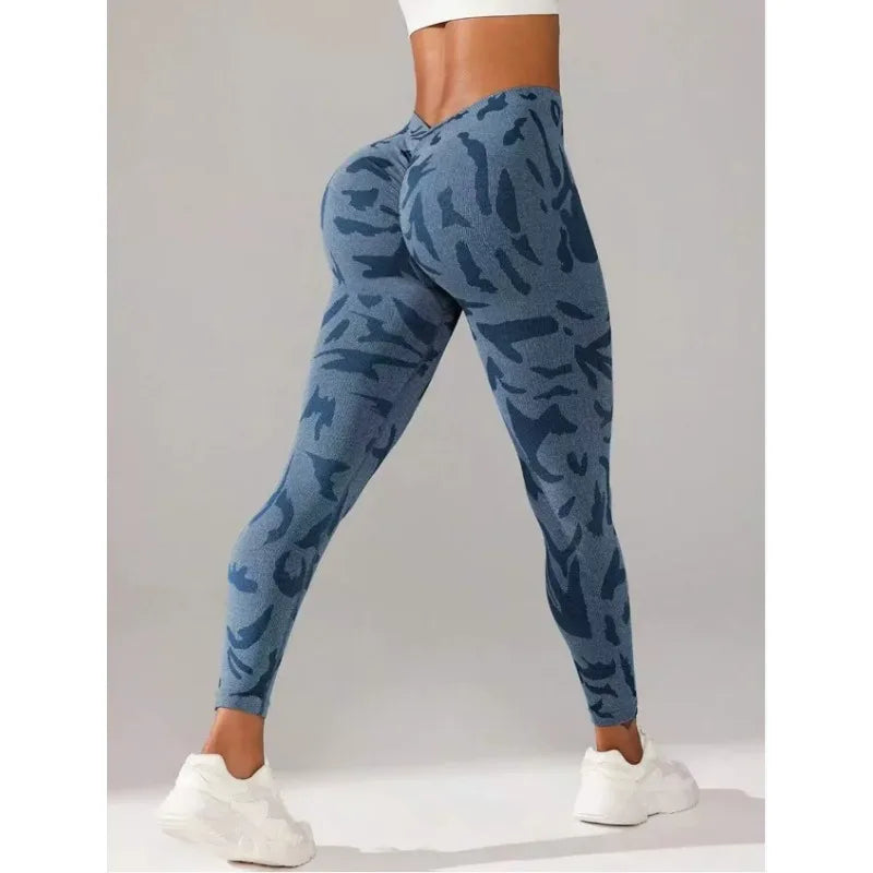 Women V-waist Printed Seamless Yoga Leggings for Sports Fitness, High Waisted Leopard Print Pants Sexy Slim Fit Yoga Leggings