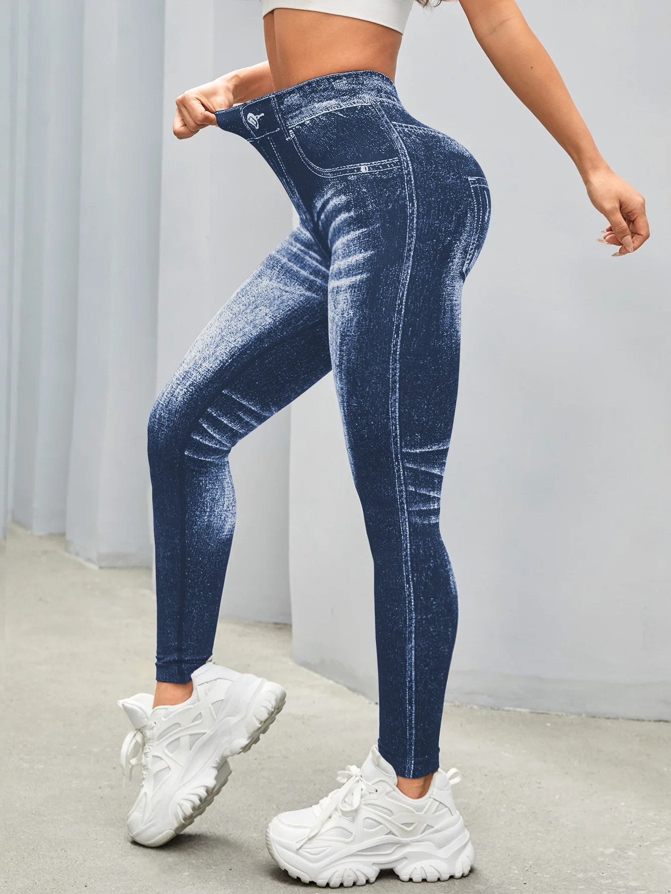 Women V Back Gym Leggings Faux Denim Jeans Athletic Workout Leggins Elastic Seamless Training Yoga Pants Sports Fitness Tights