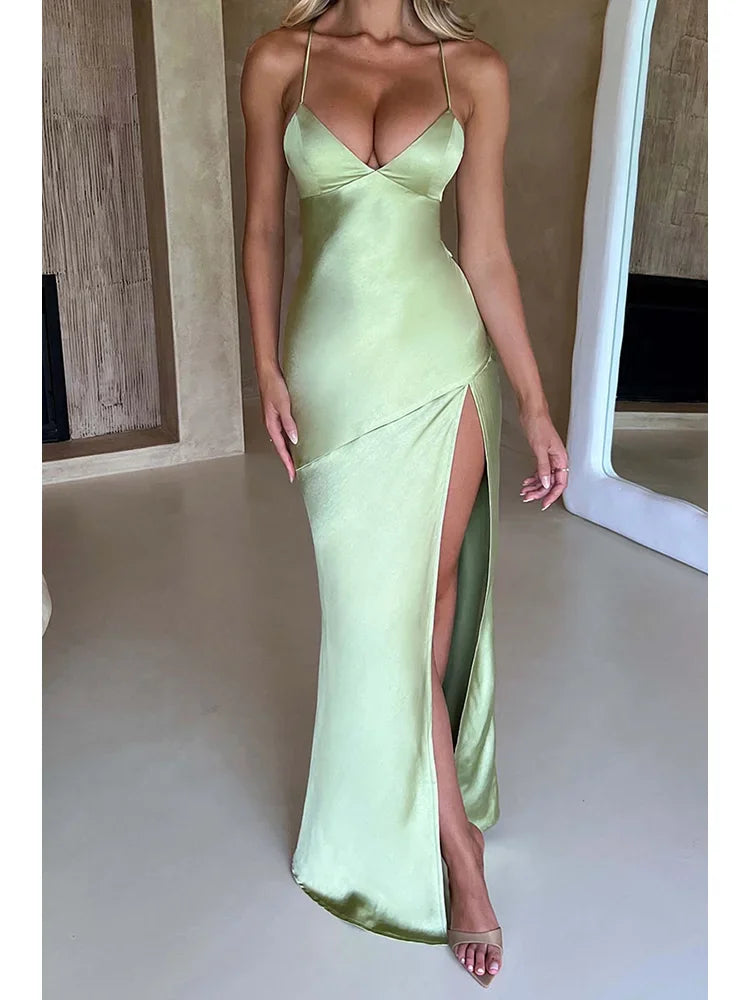 Fashion Sexy Satin Backless Camis Dress Spaghetti Strap Split Hem Silk Y2K Bodycon Casual Lace-up Summer Evening Long Dress 2024