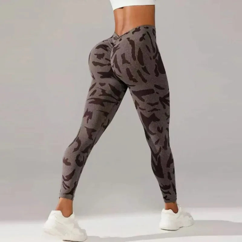 Women V-waist Printed Seamless Yoga Leggings for Sports Fitness, High Waisted Leopard Print Pants Sexy Slim Fit Yoga Leggings