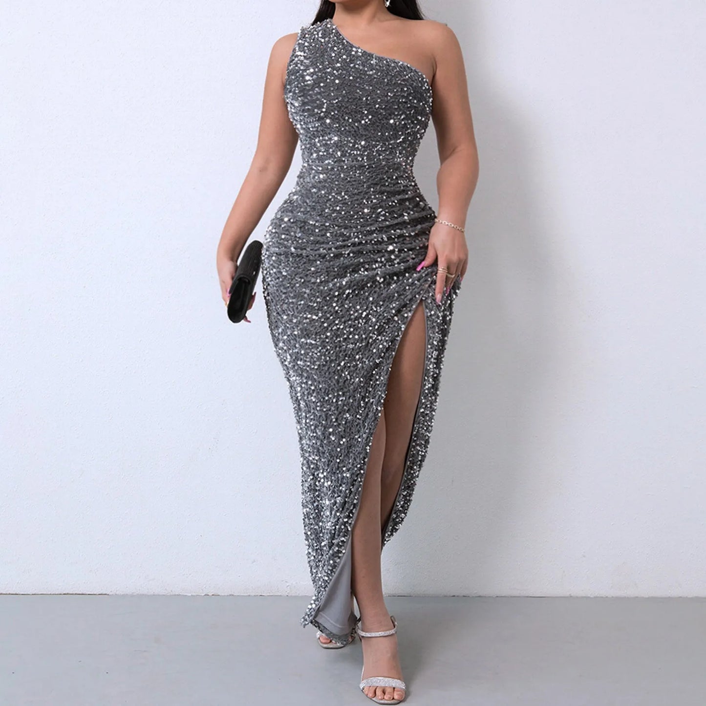 Tops Elegant Outfits Summer Dresses For Women 2023 Sequins One Shoulder Sleeveless Solid Color Dress Formal Occasion Dresses