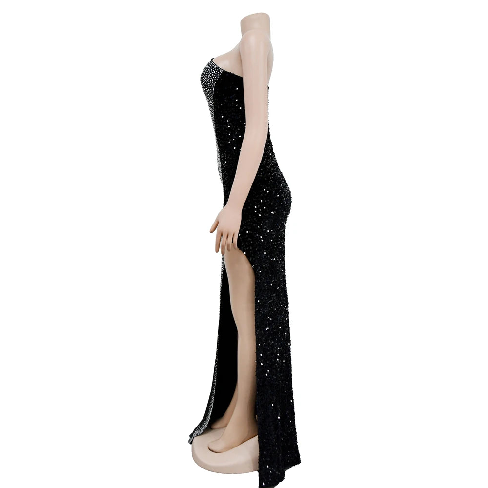 HBLL Women's Sexy One Shoulder Elegant Rhinestone Birthday Maxi Split Dress Sparkly Hot Drilling Bodycon Party Night Clubwear