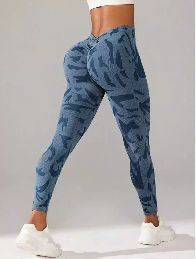 Women V-waist Printed Seamless Yoga Leggings for Sports Fitness, High Waisted Leopard Print Pants Sexy Slim Fit Yoga Leggings