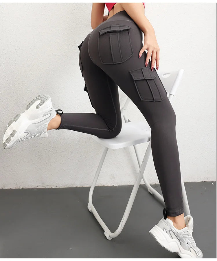 Multi-pocket High Waist Solid Color Yoga Pants Sporting Workout Leggins Pants Yoga Leggings For Women Elastic Slim leggings