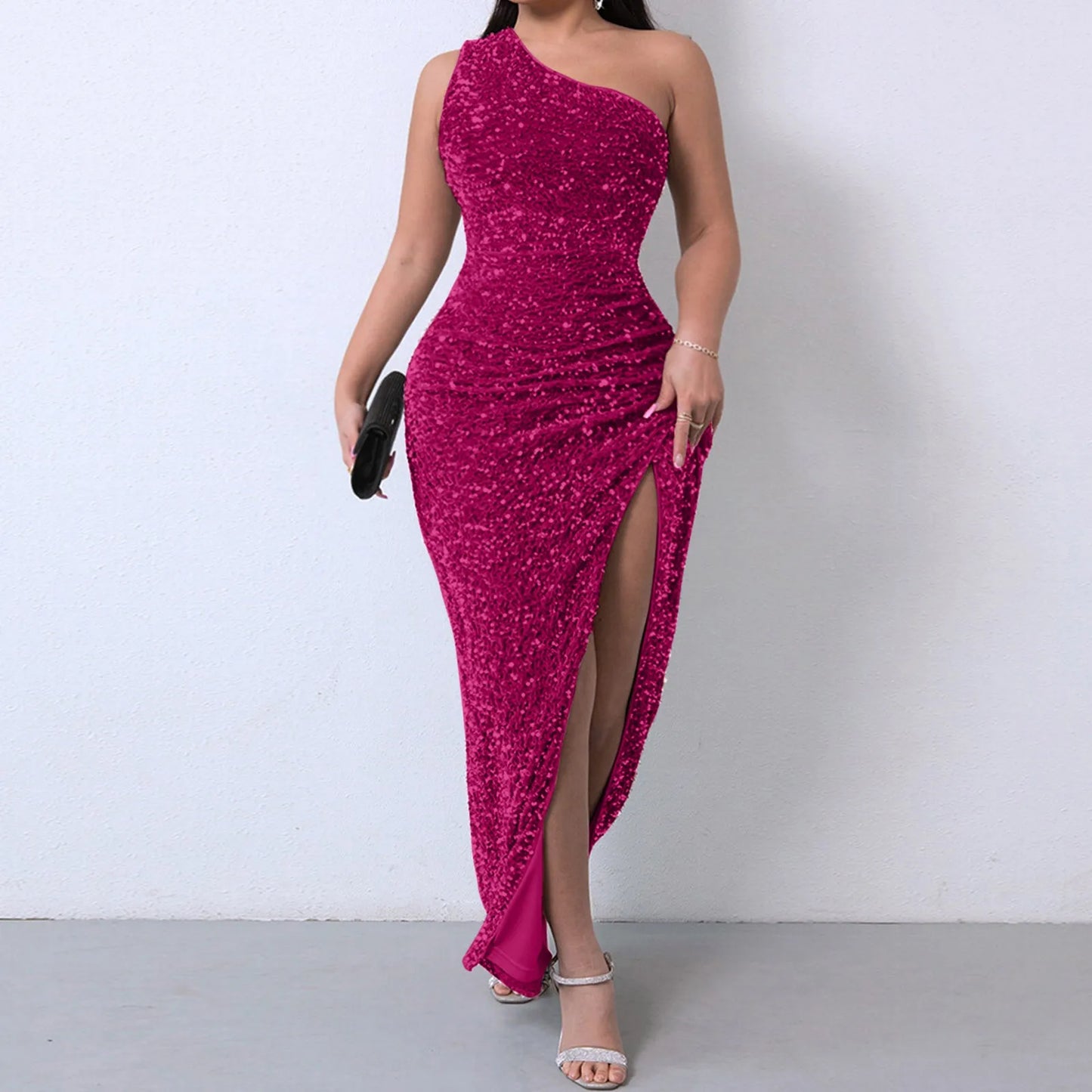 Tops Elegant Outfits Summer Dresses For Women 2023 Sequins One Shoulder Sleeveless Solid Color Dress Formal Occasion Dresses