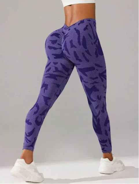 Women V-waist Printed Seamless Yoga Leggings for Sports Fitness, High Waisted Leopard Print Pants Sexy Slim Fit Yoga Leggings