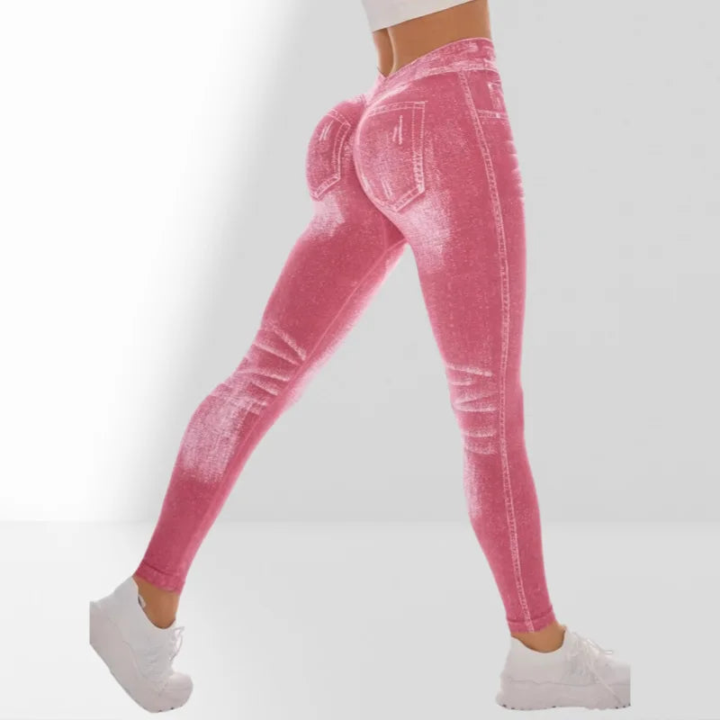 Women V Back Gym Leggings Faux Denim Jeans Athletic Workout Leggins Elastic Seamless Training Yoga Pants Sports Fitness Tights