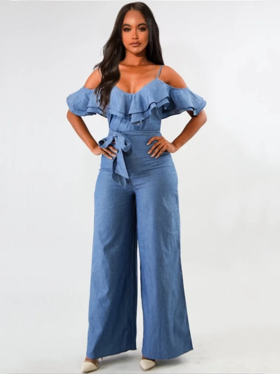 Women's Sexy Denim Jumpsuit, Ruffled Straps Romper with Belt, Loose Fit Long Pants, Summer Fashion Outfit