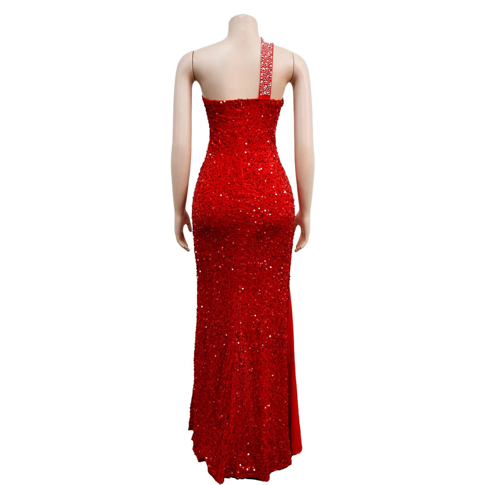 HBLL Women's Sexy One Shoulder Elegant Rhinestone Birthday Maxi Split Dress Sparkly Hot Drilling Bodycon Party Night Clubwear