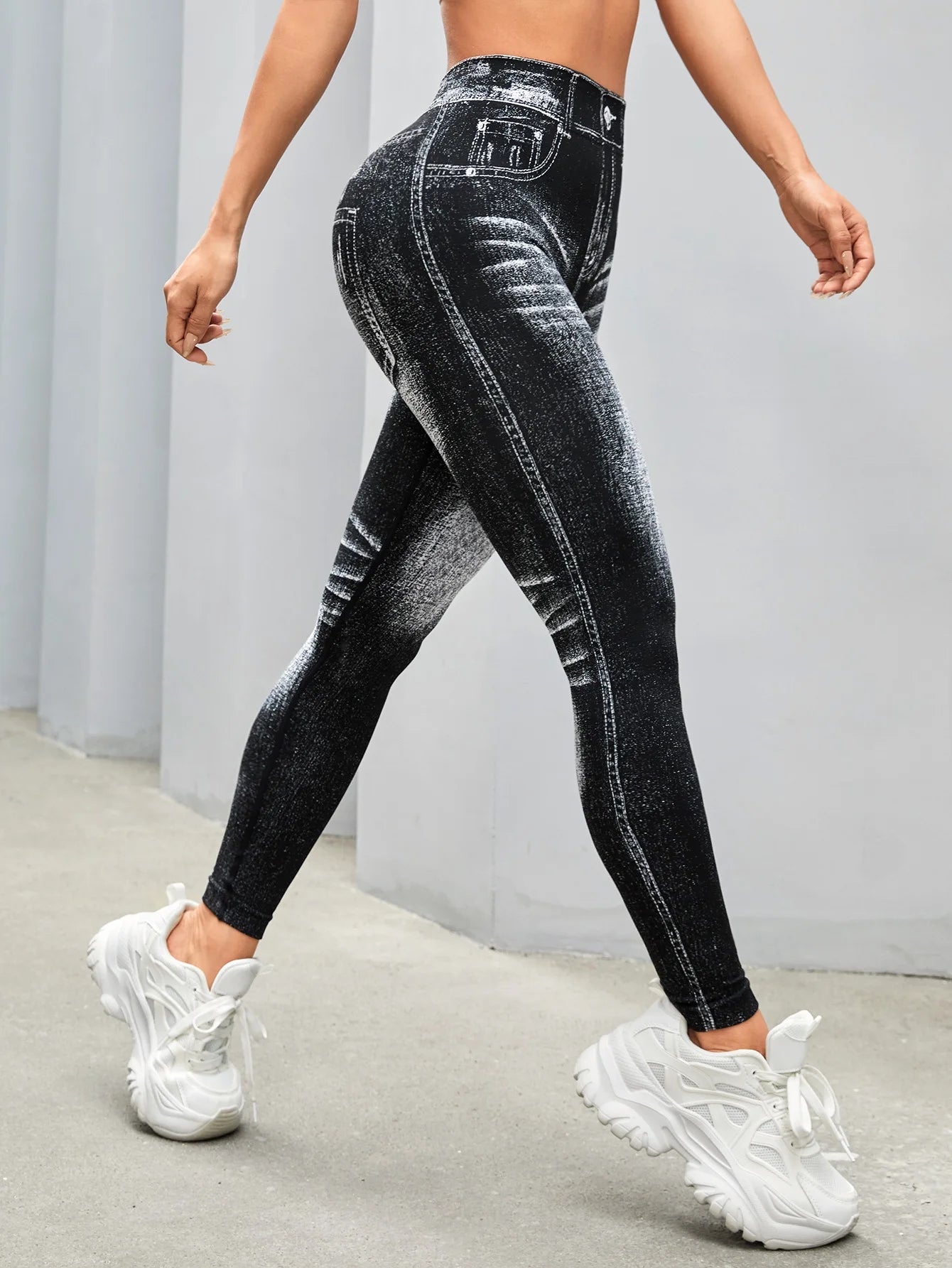Women V Back Gym Leggings Faux Denim Jeans Athletic Workout Leggins Elastic Seamless Training Yoga Pants Sports Fitness Tights