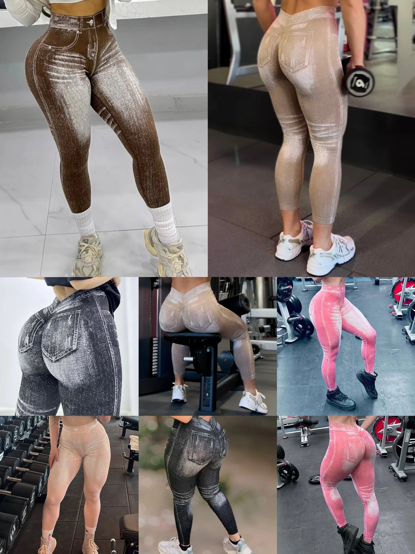 Women V Back Gym Leggings Faux Denim Jeans Athletic Workout Leggins Elastic Seamless Training Yoga Pants Sports Fitness Tights