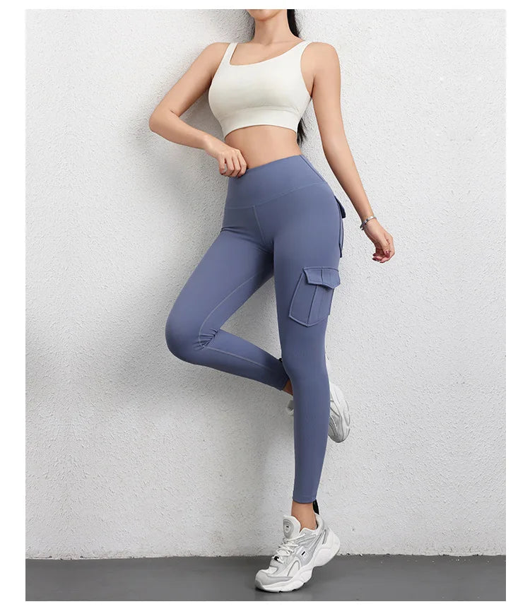 Multi-pocket High Waist Solid Color Yoga Pants Sporting Workout Leggins Pants Yoga Leggings For Women Elastic Slim leggings