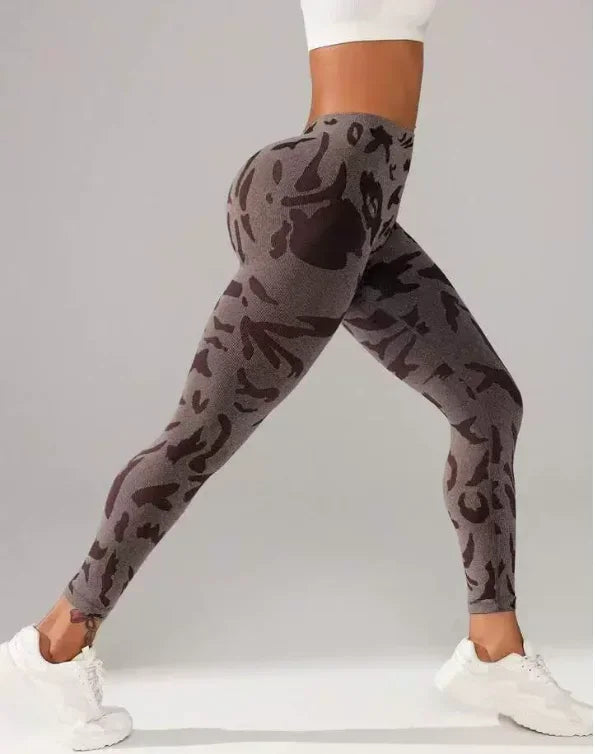 Women V-waist Printed Seamless Yoga Leggings for Sports Fitness, High Waisted Leopard Print Pants Sexy Slim Fit Yoga Leggings