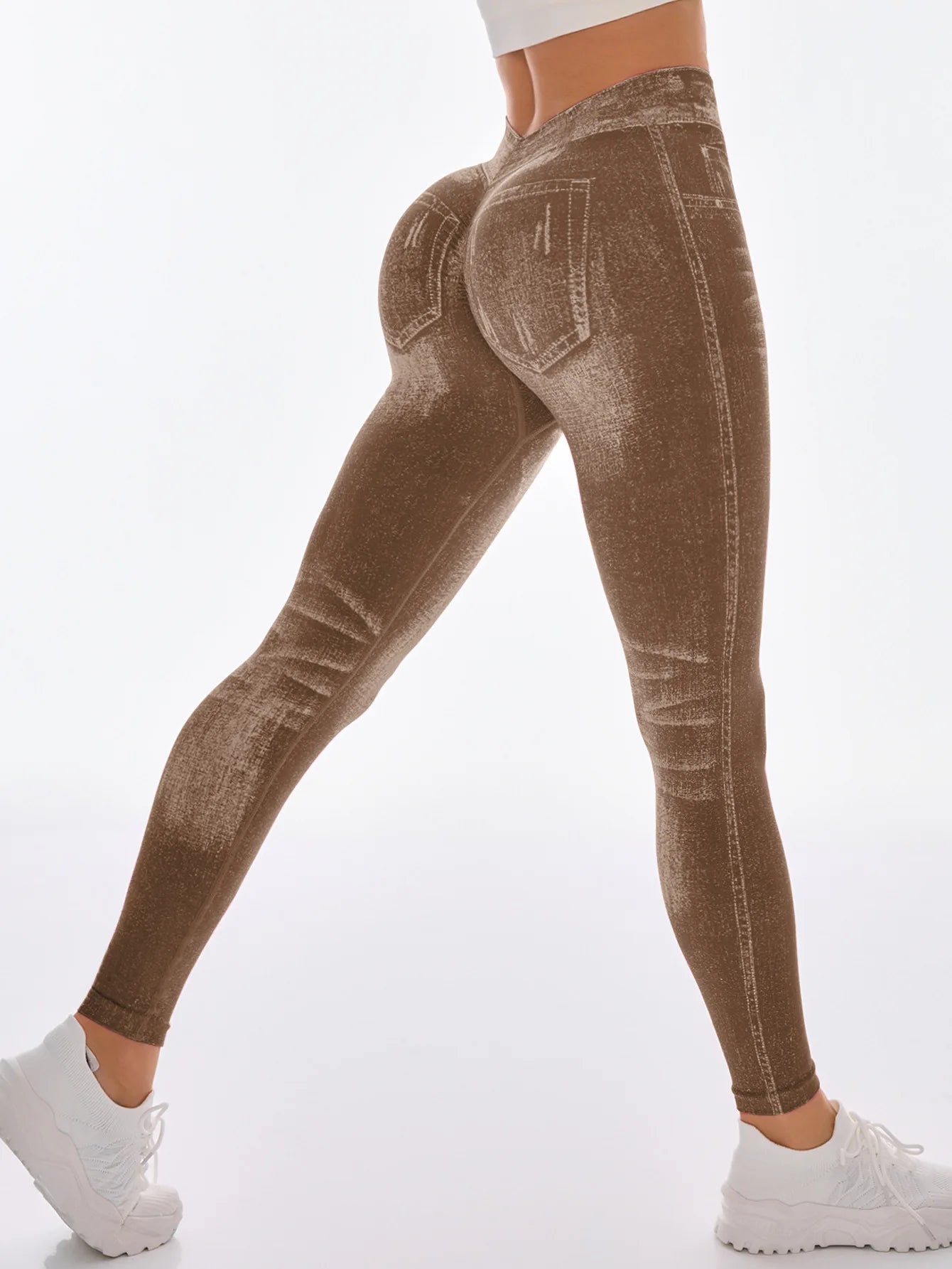 Women V Back Gym Leggings Faux Denim Jeans Athletic Workout Leggins Elastic Seamless Training Yoga Pants Sports Fitness Tights