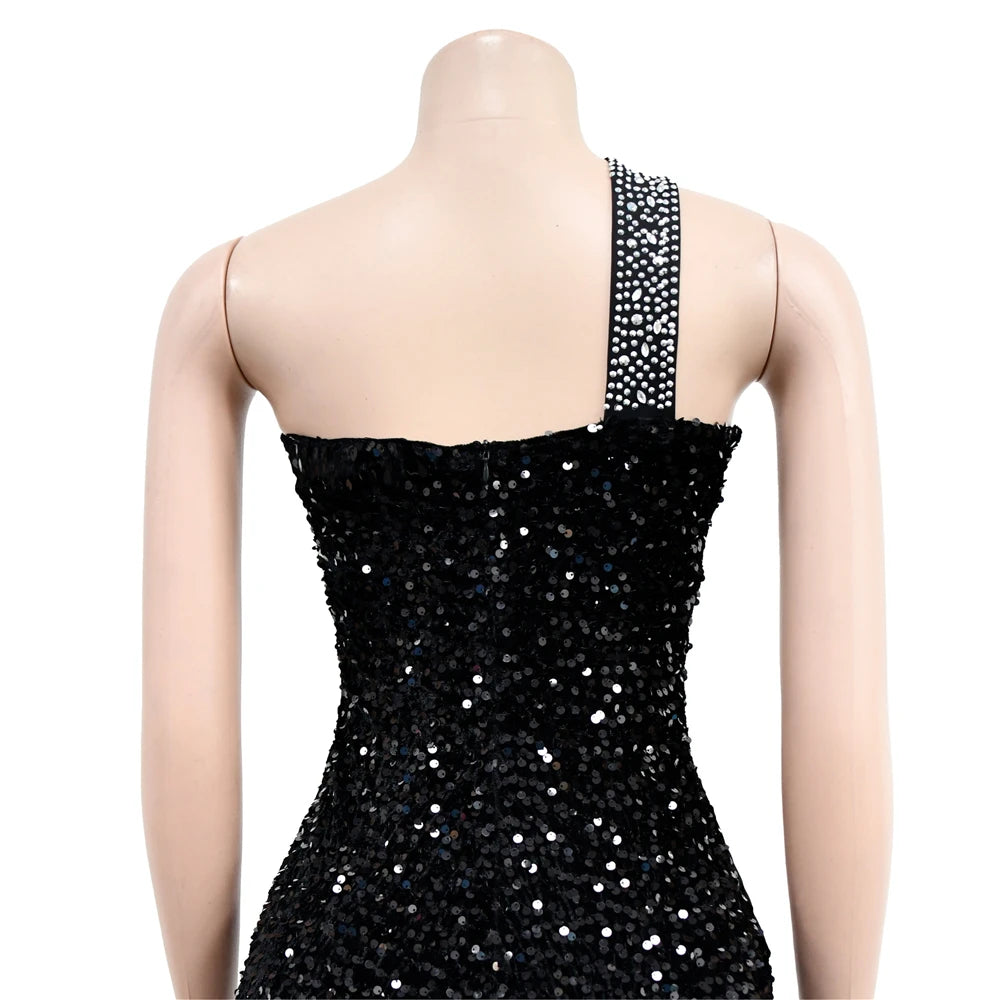 HBLL Women's Sexy One Shoulder Elegant Rhinestone Birthday Maxi Split Dress Sparkly Hot Drilling Bodycon Party Night Clubwear