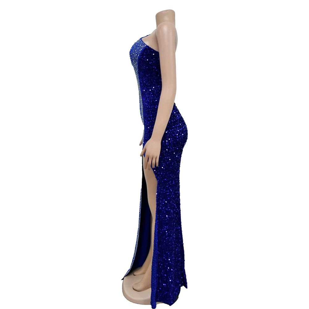 HBLL Women's Sexy One Shoulder Elegant Rhinestone Birthday Maxi Split Dress Sparkly Hot Drilling Bodycon Party Night Clubwear