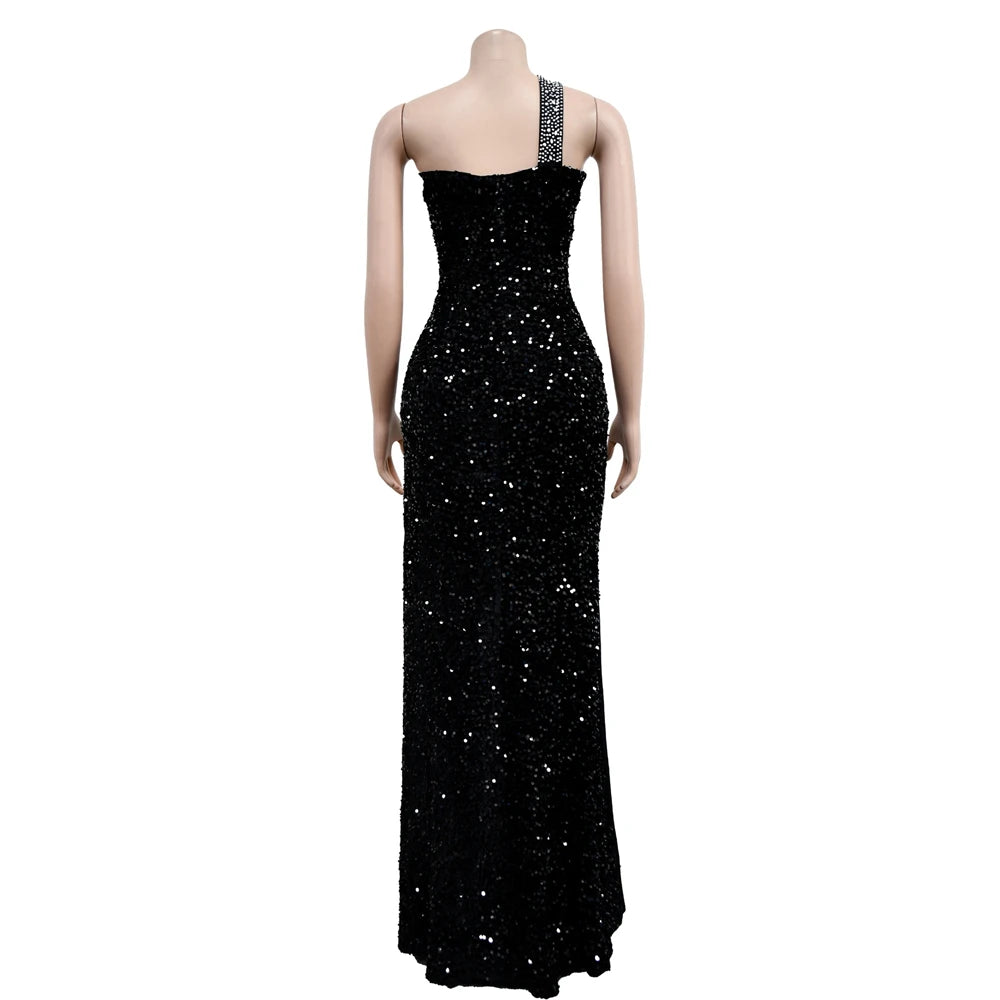 HBLL Women's Sexy One Shoulder Elegant Rhinestone Birthday Maxi Split Dress Sparkly Hot Drilling Bodycon Party Night Clubwear