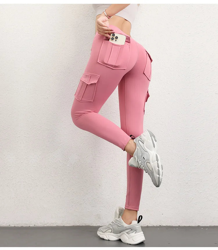 Multi-pocket High Waist Solid Color Yoga Pants Sporting Workout Leggins Pants Yoga Leggings For Women Elastic Slim leggings