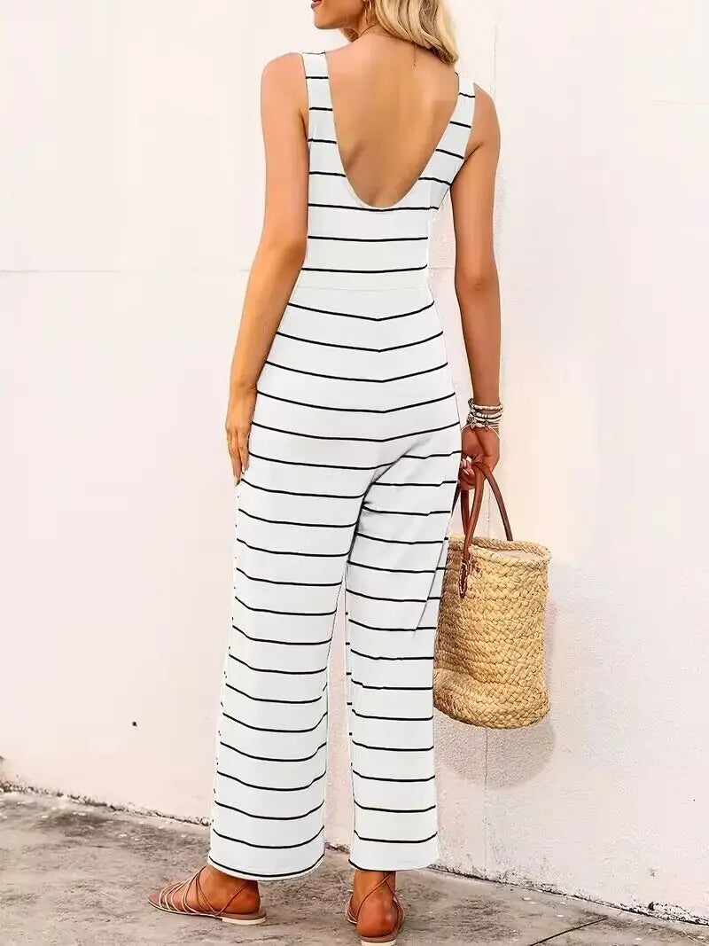 Striped cut loose jumpsuit, versatile spring and summer short-sleeved wide-leg jumpsuit, women clothing