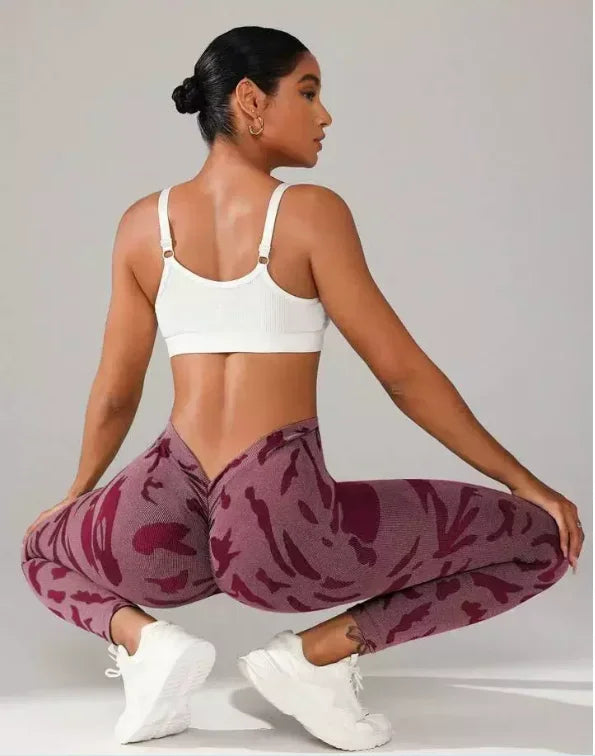 Women V-waist Printed Seamless Yoga Leggings for Sports Fitness, High Waisted Leopard Print Pants Sexy Slim Fit Yoga Leggings