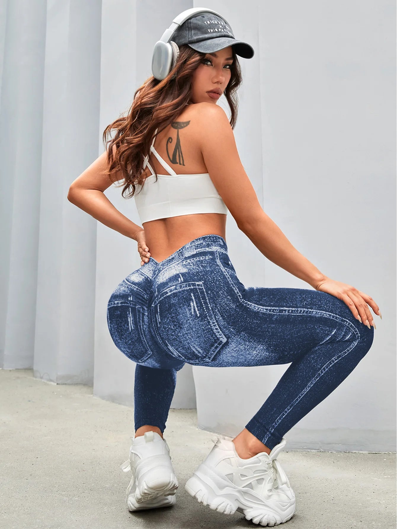 Women V Back Gym Leggings Faux Denim Jeans Athletic Workout Leggins Elastic Seamless Training Yoga Pants Sports Fitness Tights